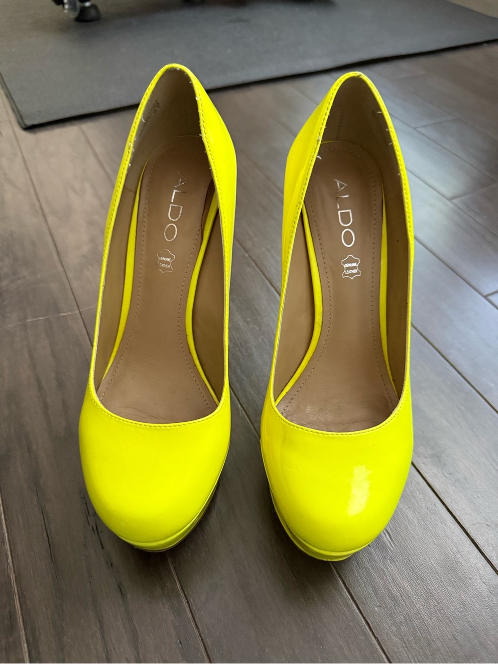 Aldo Neon Yellow Patent Round-Toe Pumps